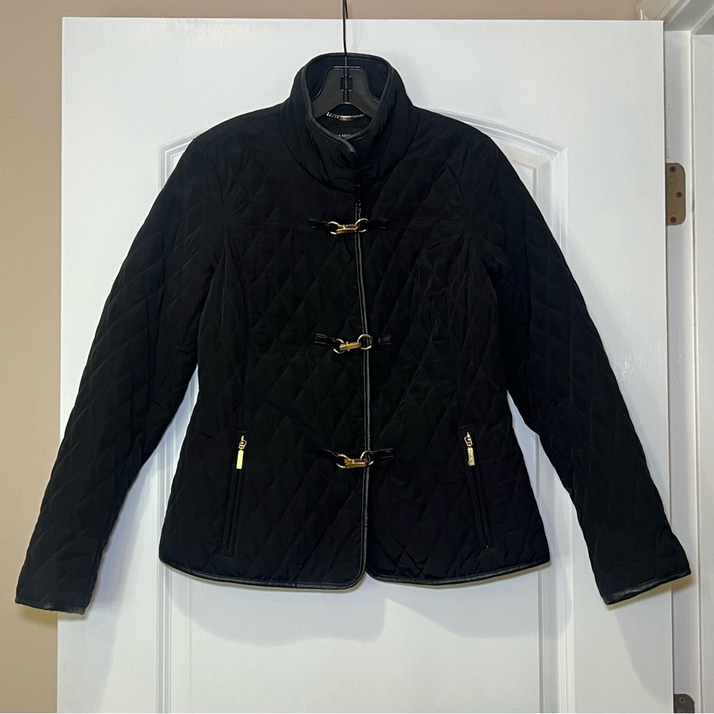 Jones New York Women's Dressy Gold Accents Black Quilted Coat Jacket Sz Small